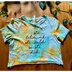 Hand Ice Dyed Graphic T-Shirt Reworked Cropped Tee Blue Orange She Believed S